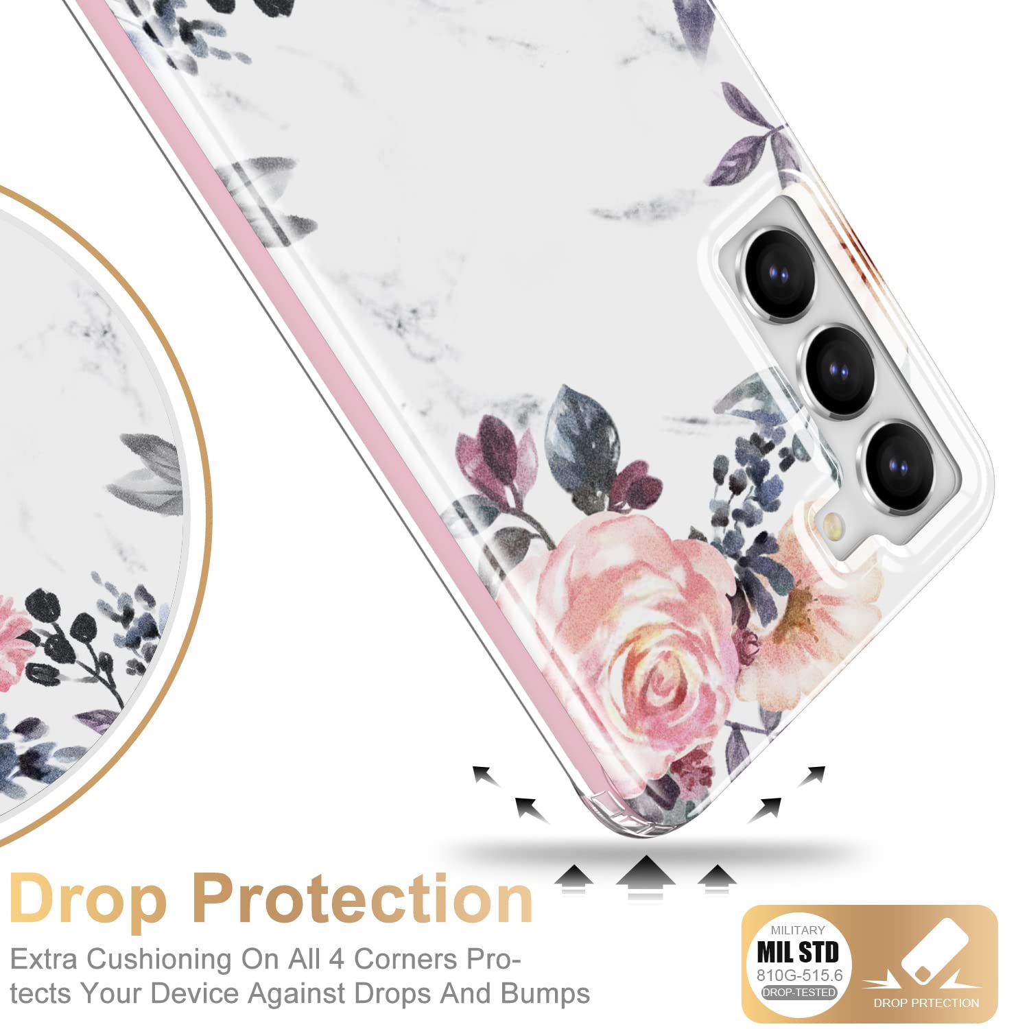 Esdot Galaxy S23 Plus Case 6.6 ''   Military Grade, 21Ft Drop Test Passed, Rugged & Slim Floral Design, Pink Flowers Leaves